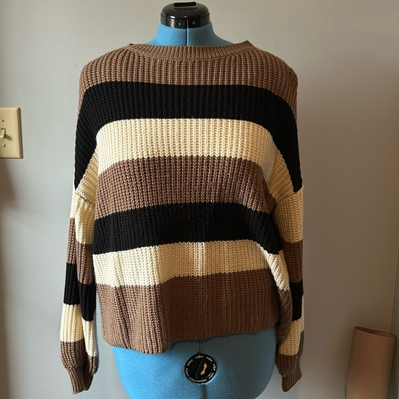 SHEIN Striped Sweater Tan Black Cream Large - Picture 3 of 6